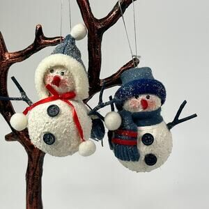 Rustic Christmas Snowman Ornaments Pair Blue White Tree Holiday Cabincore Skate